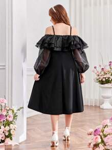SHEIN 少女优雅露肩分层网眼荷叶边下摆吊带连衣裙 - 黑色 - 查看 2