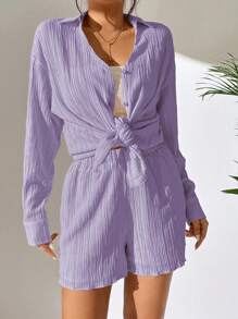 SHEIN LUNE 2 件女式 V 领长袖纯色衬衫和宽松舒适短裤 - 紫色 - 查看 5