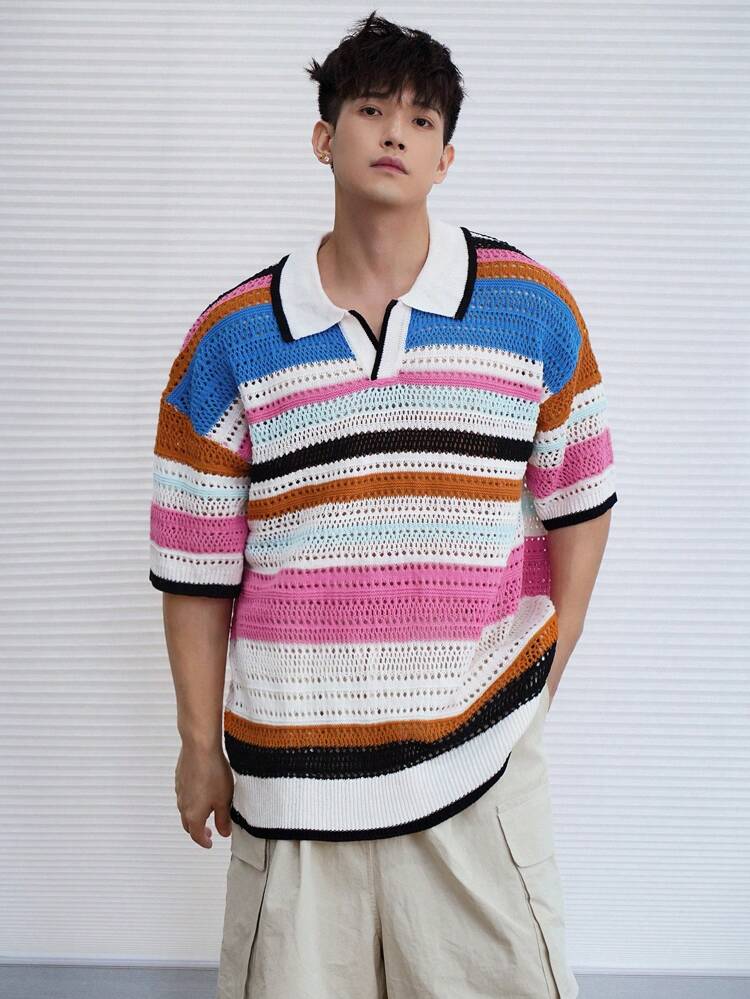 Men's Summer Multi-Color Patchwork Hollow Out Knitted Short Sleeve Casual Top Back To School