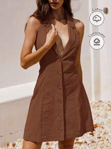 SHEIN Frenchy Khaki 100% Cotton Mini Dress, Backless Butterfly Dress, Cotton Women's Dresses, Strapless Vest Dress, Backless Dress, This Dress Features A Backless Design And Is Made From 100% Cotton, Making It An Ideal Casual Choice For A Summer Holiday - Coffee Brown - View 3