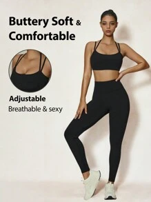 SHEIN Sports Conjunto básico de entrenamiento con tirantes de espagueti para fitness, realzador de escote y espalda, push up, pantalón de cintura alta, conjunto de yoga de 2 piezas con caderas de durazno
