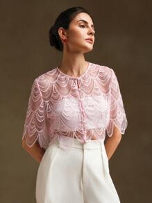 Anewsta Vintage French Elegant Sequin Shawl, Lightweight Capelet - Pink - View 4