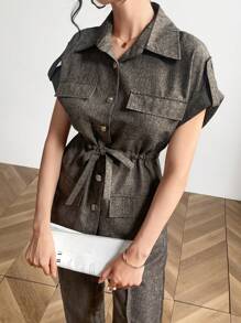 Mulvari Women's Summer Solid Color Batwing Sleeve Utility Pocket Drawstring Waist Shirt And Pants Casual Commuter 2-Piece Set 2 Piece Set - Mocha Brown - View 3