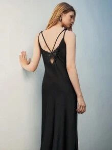 Maija Women Lace Backless Sheer Semi-See-Through Satin Ribbon Strap Dress - Black - View 3