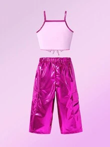 SHEIN 2 件装女婴时尚全息粉色蝴蝶印花吊带背心和短裤休闲夏季套装 - 彩色 - 查看 2