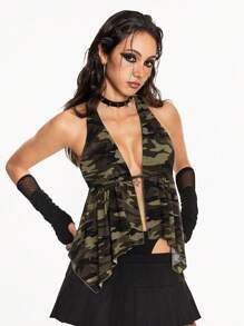 ROMWE Grunge Punk Top de tirantes finos con escote trasero para mujer con colgante con decoración de cruz de rhinestones con estilo Y2K