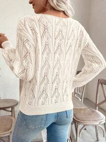 EMERY ROSE 度假风休闲镂空宽松套头毛衣，长袖上衣，秋冬针织衫 - 米色 - 查看 2