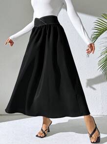 Mulvari Saia Casual Elegante Lisa Feminina, Saia Longa Tipo Maxi, Ideal para Uso Diário/Volta às Aulas/Passeio/Férias - Preto - Visão 6