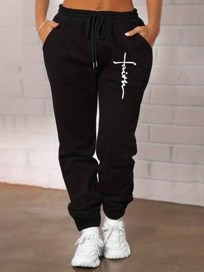 SHEIN SXY Loose Fit Graphic Print Sweatpants For Plus Size, Casual Fall/Winter