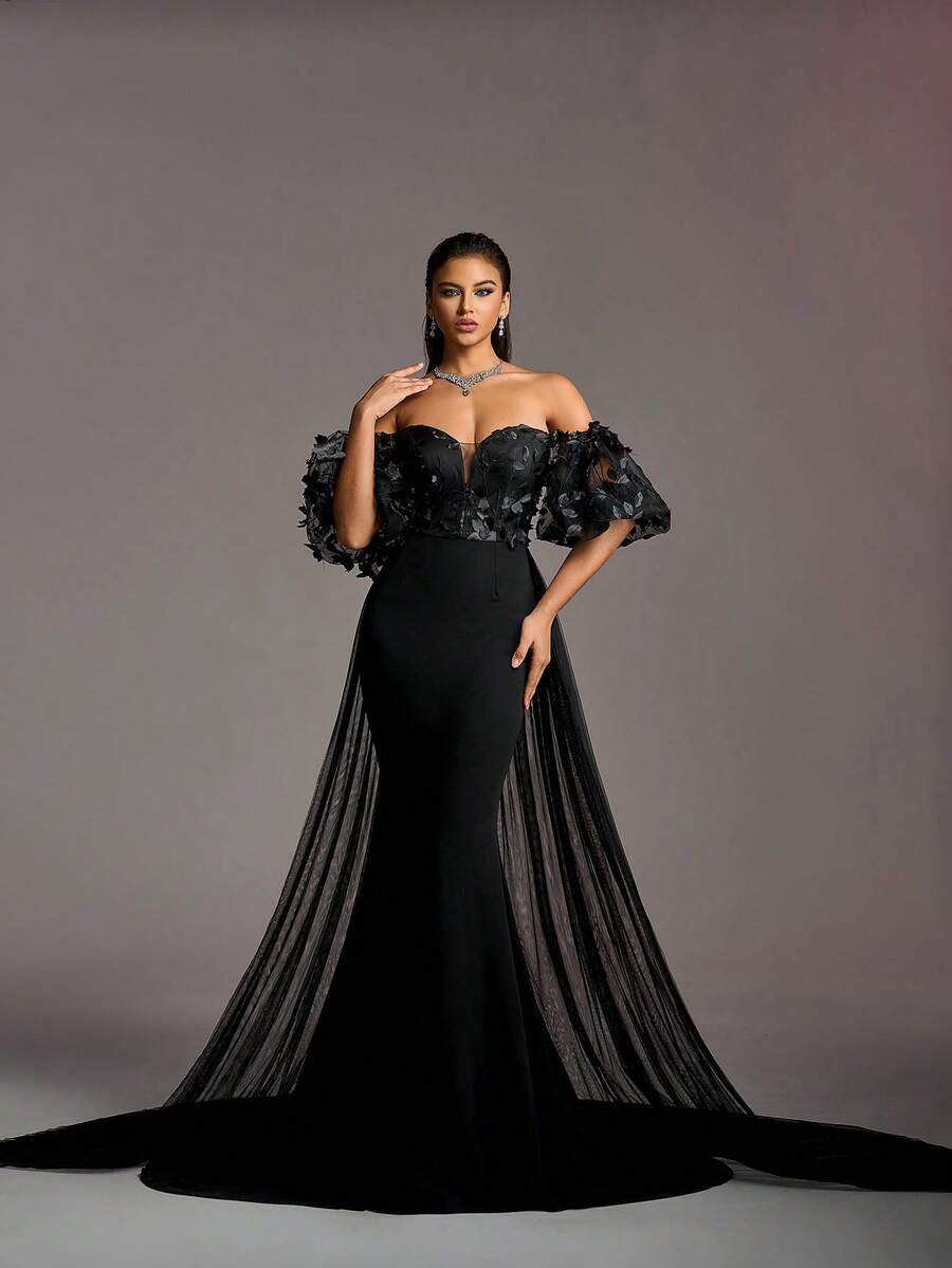 Faeriesty 浪漫露肩短袖婚纱，带有花卉贴花荷叶边、美人鱼轮廓和透明薄纱拖尾，非常适合婚礼、新娘 - 黑色 - 查看 1