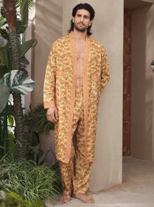 男士两件套家居服套装，系扣长袖上衣，腰带，全身印花休闲裤 - 彩色 - 查看 8