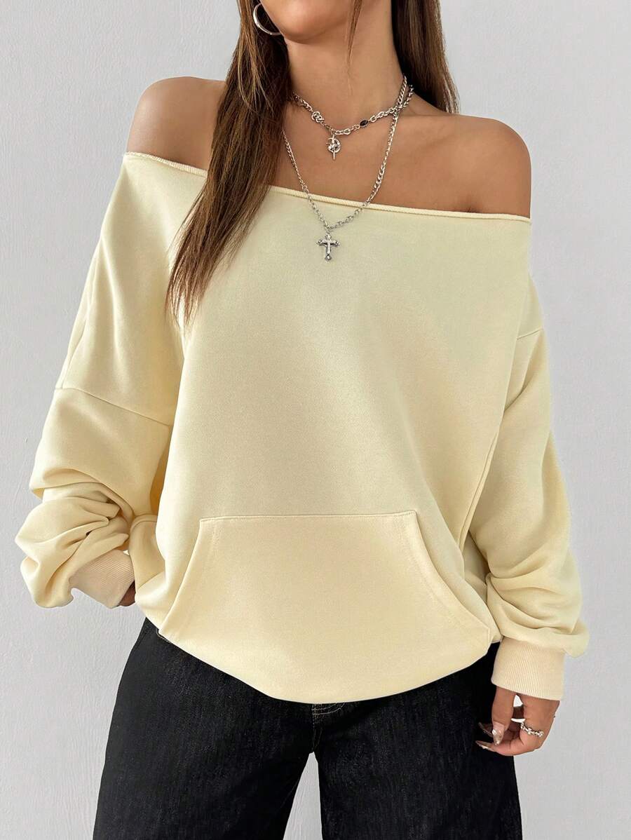 SHEIN EZwear Moletom Minimalista de Manga Longa com Ombro à Mostra e Bolso, em Cor Sólida, Uso Casual Diário - Damasco - Visão 1