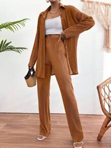 EURMUSE Solid Plisse Two-Piece Outfit - Brown - View 1