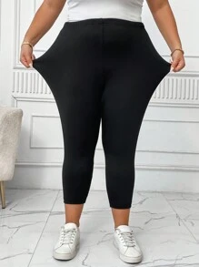 SHEIN CURVE+ 大码纯色高腰紧身裤，黑色，超强弹性，适合运动/休闲 - 黑色 - 查看 6