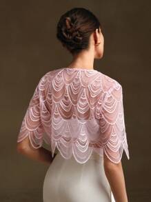 Anewsta Vintage French Elegant Sequin Shawl, Lightweight Capelet - Pink - View 2