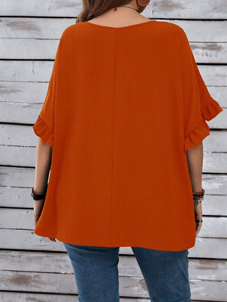 Plus Size Women's Vacation Casual Dark Blue Mom Shirts With Ruffled Sleeves For Summer