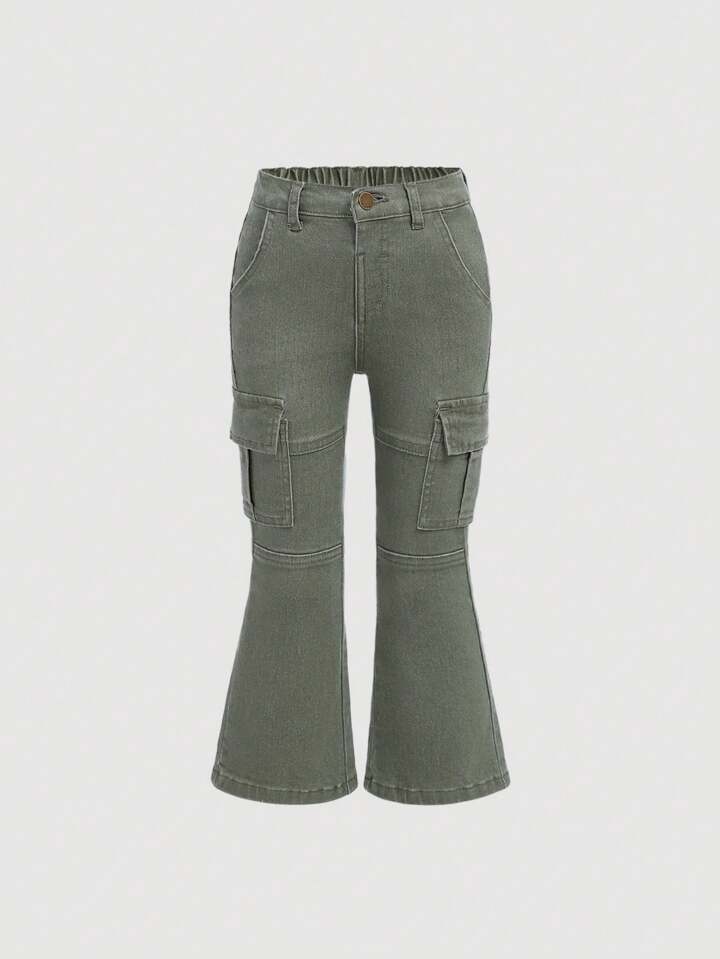 SHEIN Pantalon evase en jean elastique gris vert pour jeune fille