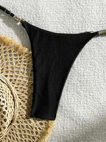 SHEIN Swim Conjunto de bikini de unicolor para mujer, verano - Negro - Ver 5