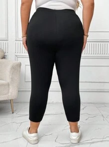SHEIN CURVE+ 大码纯色高腰紧身裤，黑色，超强弹性，适合运动/休闲 - 黑色 - 查看 2