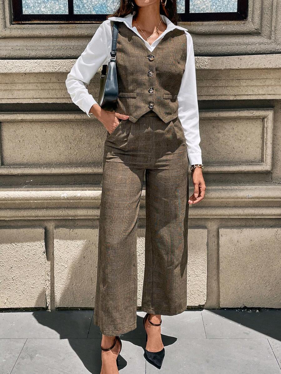SHEIN LUNE Chaleco corto de mujer elegante y retro a cuadros - Marrón - Ver 1