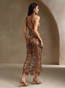 Anewsta Elegant 3D Floral Pattern Crochet Inspired Backless Dress Summer - Khaki - View 2