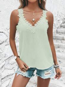 SHEIN Clasi Áo yếm viền ren màu trơn đơn giản dành cho kỳ nghỉ - Màu xanh Bạc hà - Xem 6