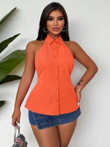 SHEIN Slayr بلوزة أكمام بلا أكمام فوشيا مربوطة بالخلف - لون برتقالي - مشاهدة 4