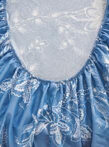 4 件套蓝白叶花朵图案床单套件易护理超细纤维柔软床上用品套件床笠套件（1 件床单 + 1 件床笠 + 2 件枕套） - 藍色 - 查看 4