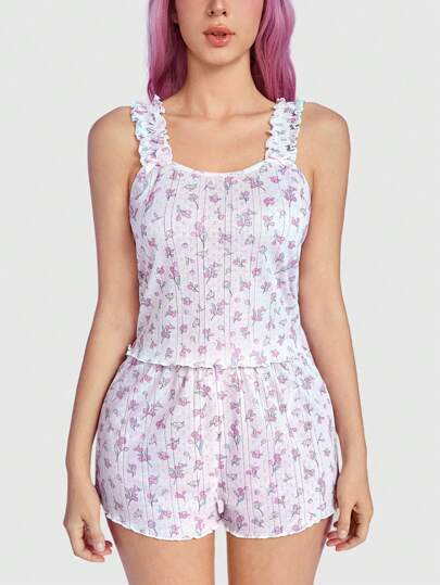 Kawaii Fresh Pink Floral Ladies' Cami Pajama Set