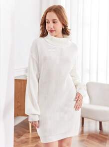 SHEIN Teen Girls White Turtleneck Oversized Warm Fashionable Knit Sweater Dress For Fall & Winter