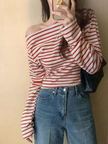 DAZY Women's Striped Open Shoulder Loose Long Sleeve T-Shirt, Suitable For Christmas, Spring, Summer And Autumn