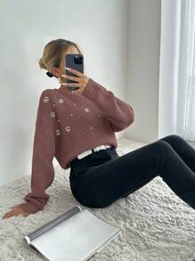 EURMUSE Pearls Beaded Drop Shoulder Sweater - Rusty Rose - View 4