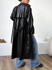 SHEIN EZwear Black Long Sleeve Faux Leather Jacket With Belt - Black - View 2