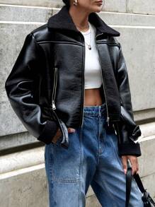 EURMUSE 毛领超大皮大衣 - 黑色 - 查看 1