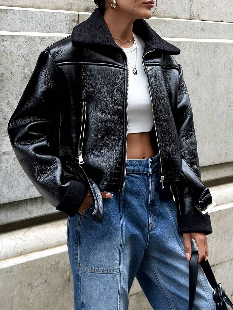 EURMUSE 毛领超大皮大衣 - 黑色 - 查看 1