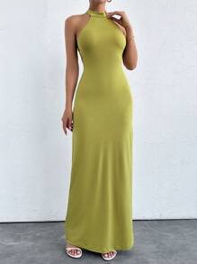 EURMUSE Solid Halter Neck Backless Dress - Olive Green - View 5
