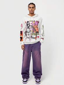 ROMWE MEN ROMWE Avant Men's Drawstring Front Print Hooded Sweatshirt, Casual Everyday Wear, School - White - View 2