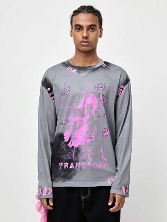 ROMWE Avant Camiseta de manga larga con estampado de cruz, personaje de dibujos animados y letra, de estilo casual para hombres, primavera y otoño, escuela