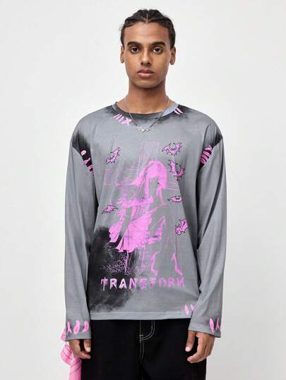 ROMWE Avant Men's Spring & Autumn Casual Cross, Cartoon Character & Letter Printed Long Sleeve T-Shirt, School