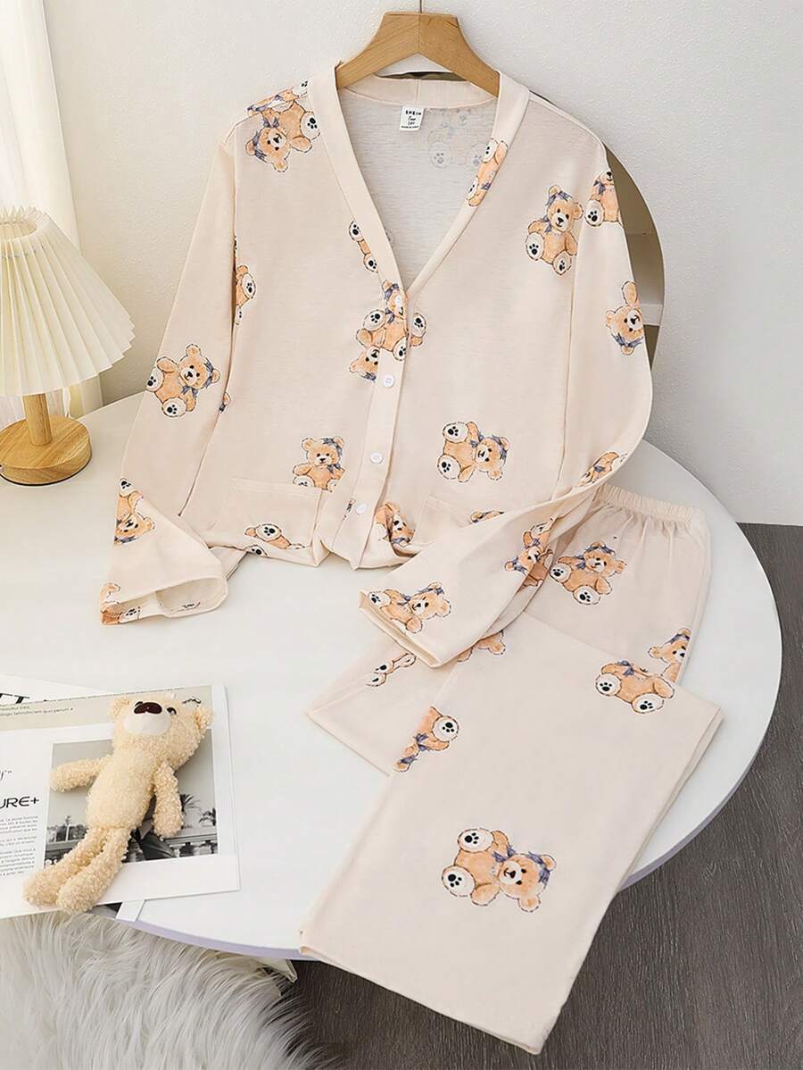 2pcs Teen Girls' Casual Beige Cute Bear Print Long Sleeve Loose Fit Pajama Set - Beige - View 1
