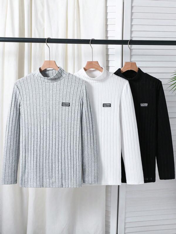 SHEIN 3pcs Teenage Boys' Basic Casual Comfortable Turtleneck Long Sleeve T-Shirts Chic Outfits For Autumn/Winter