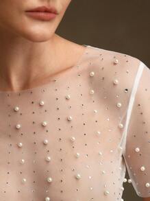 Anewsta Top corto de malla transparente y sexy con cuentas para mujer en verano - Blanco - Ver 2