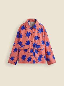 SHEIN Tween Girls Pink Star Print Fleece Casual Long Sleeve Jacket, Autumn & Winter - Coffee Brown - View 1