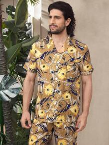 Men's Turndown Collar Button Front Pocket Allover Print Top And Pants Pajama Set - Multicolor - View 8