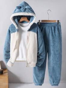SHEIN 2pcs Tween Boy Casual Cute Plush Ear Decor Cardigan Jacket And Pants Set, Autumn Winter - Blue - View 1