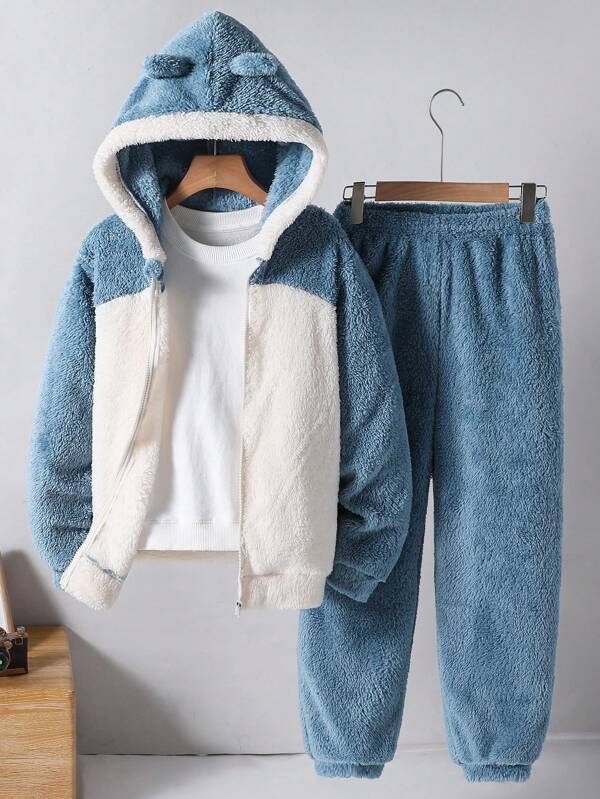 SHEIN 2 peças Tween Boy Casual Bonito Pelúcia Decoração de Orelha Cardigan Jaqueta e Calça Conjunto, Outono Inverno