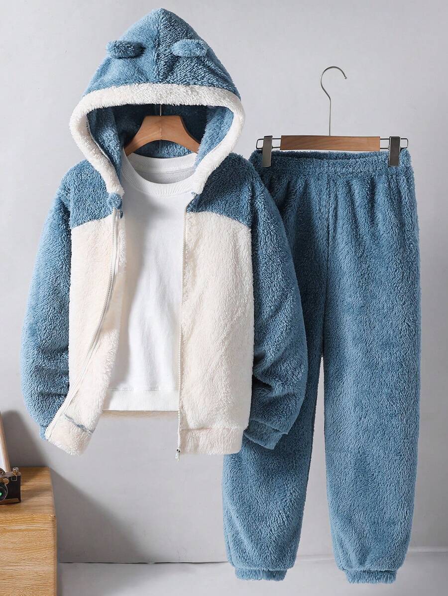 SHEIN 2pcs Tween Boy Casual Cute Plush Ear Decor Cardigan Jacket And Pants Set, Autumn Winter - Blue - View 1