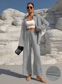 SHEIN Clasi 2 件套女式纽扣纯色衬衫和抽绳宽腿宽松裤套装 - 灰色 - 查看 1