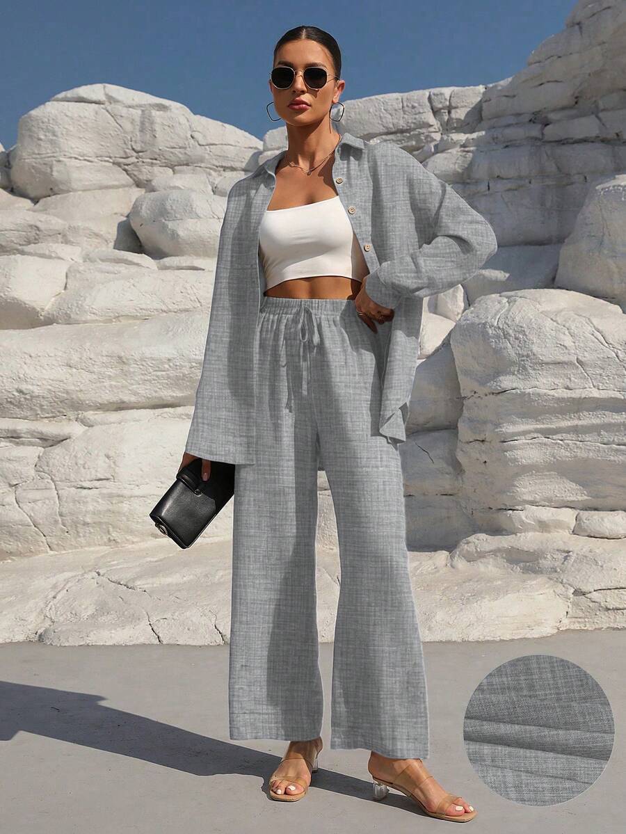 SHEIN Clasi 2 件套女式纽扣纯色衬衫和抽绳宽腿宽松裤套装 - 灰色 - 查看 1