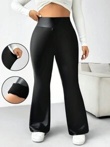 SHEIN EZwear 大码女式纯色高腰阔腿喇叭时尚休闲裤 - 黑色 - 查看 3